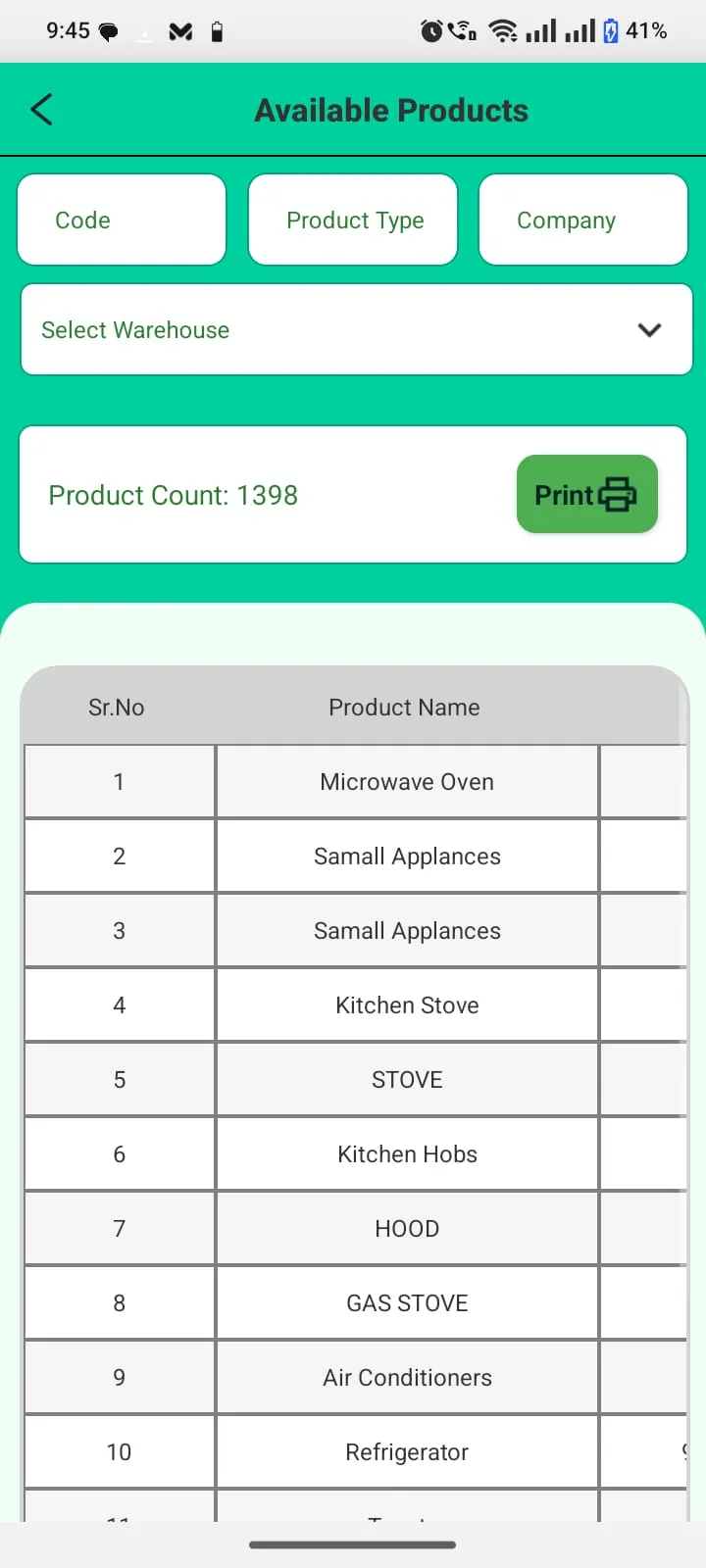 Salesman view — available products by warehouse