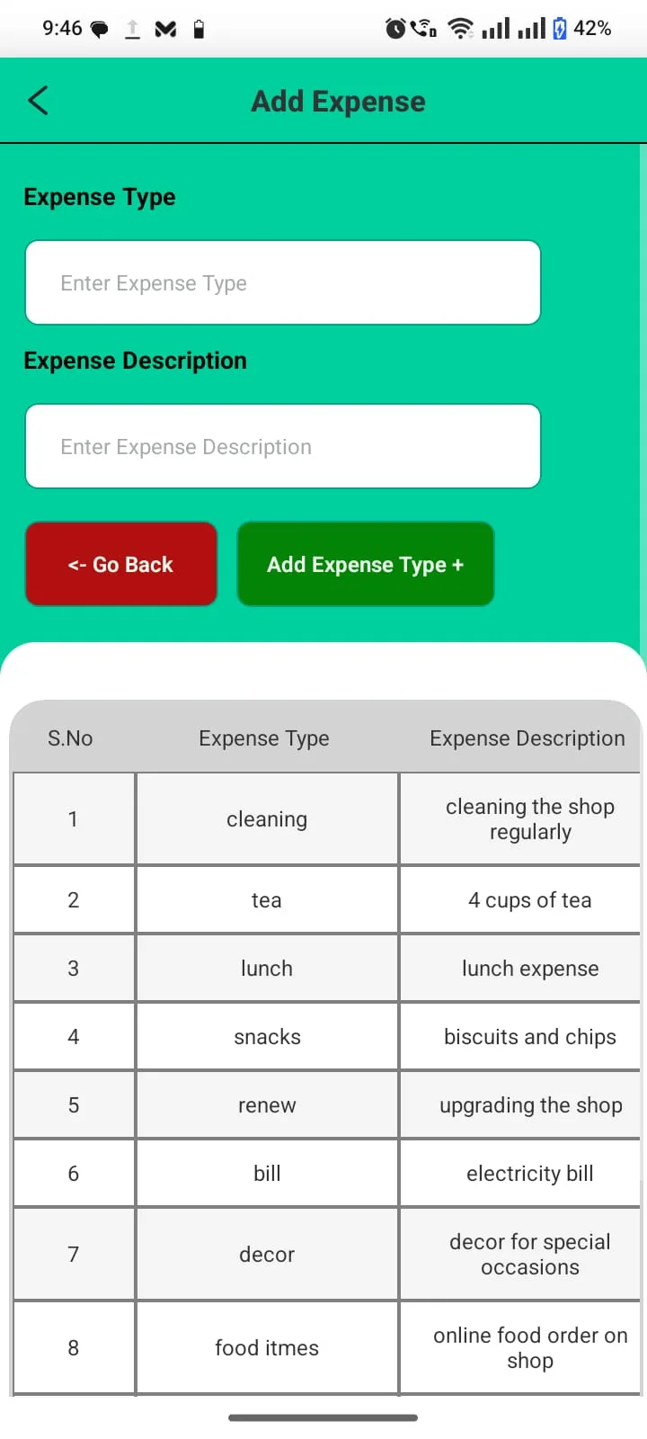 Logging a new branch expense with description