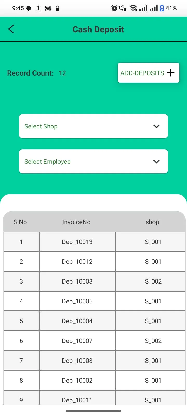 Cash deposit records filtered by shop and employee