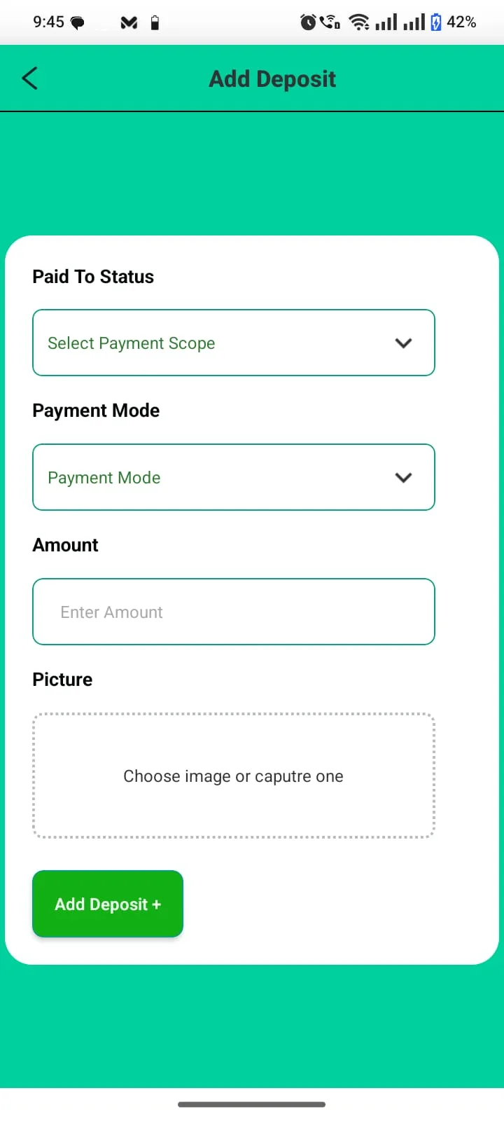 Adding a deposit with payment scope, mode, and receipt image