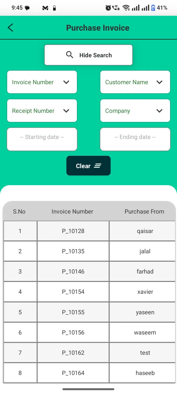Purchase invoice tracking by supplier and date range