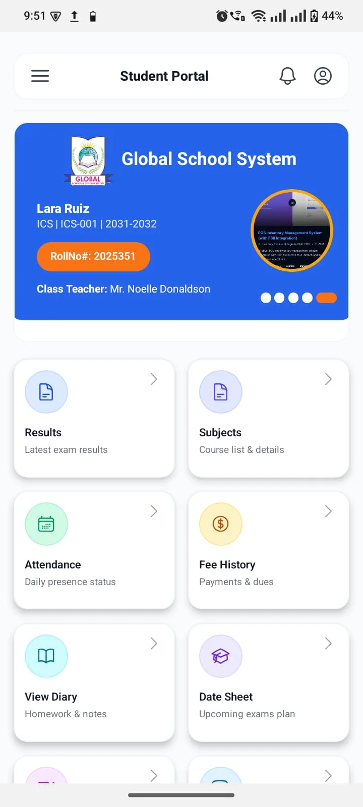 Student Portal — home dashboard with quick-access modules