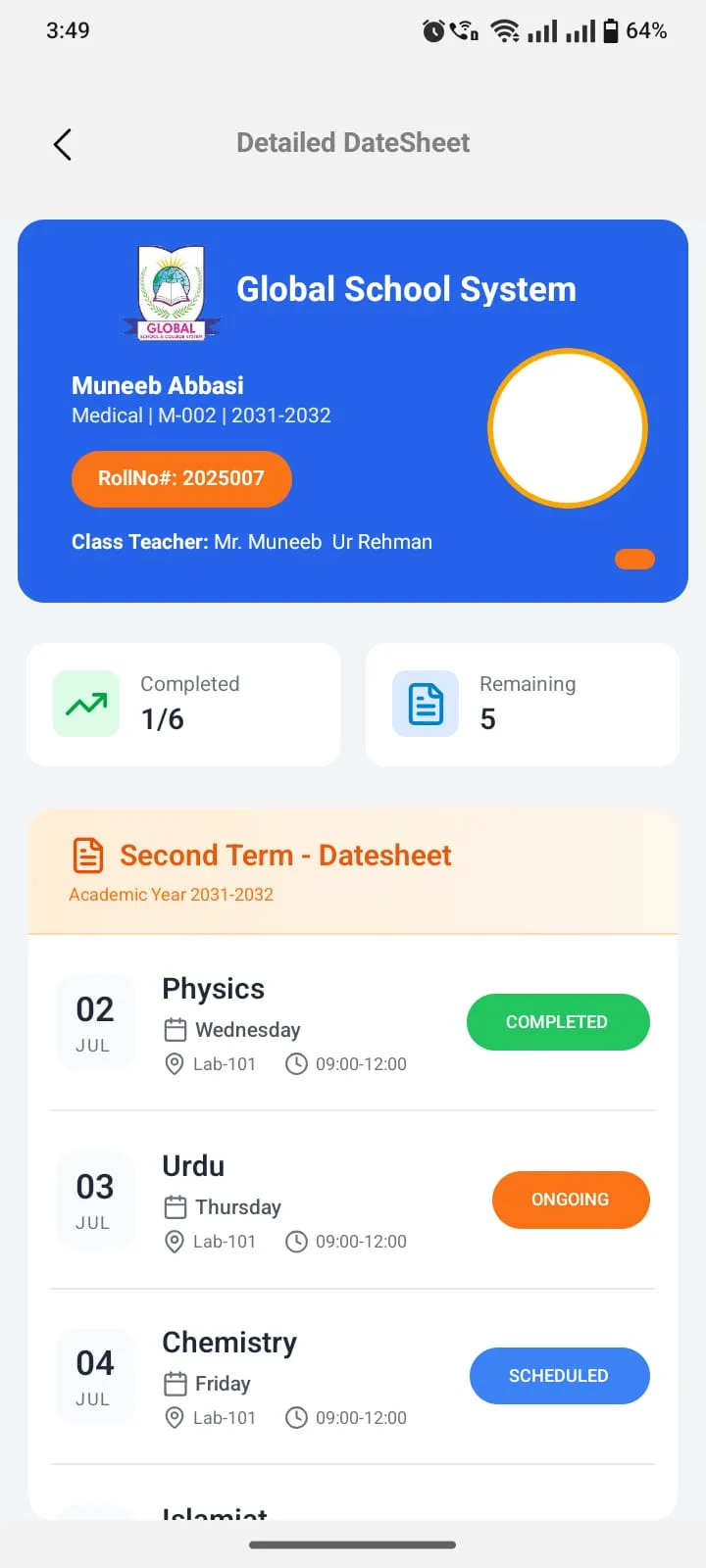 Detailed subject-wise result breakdown