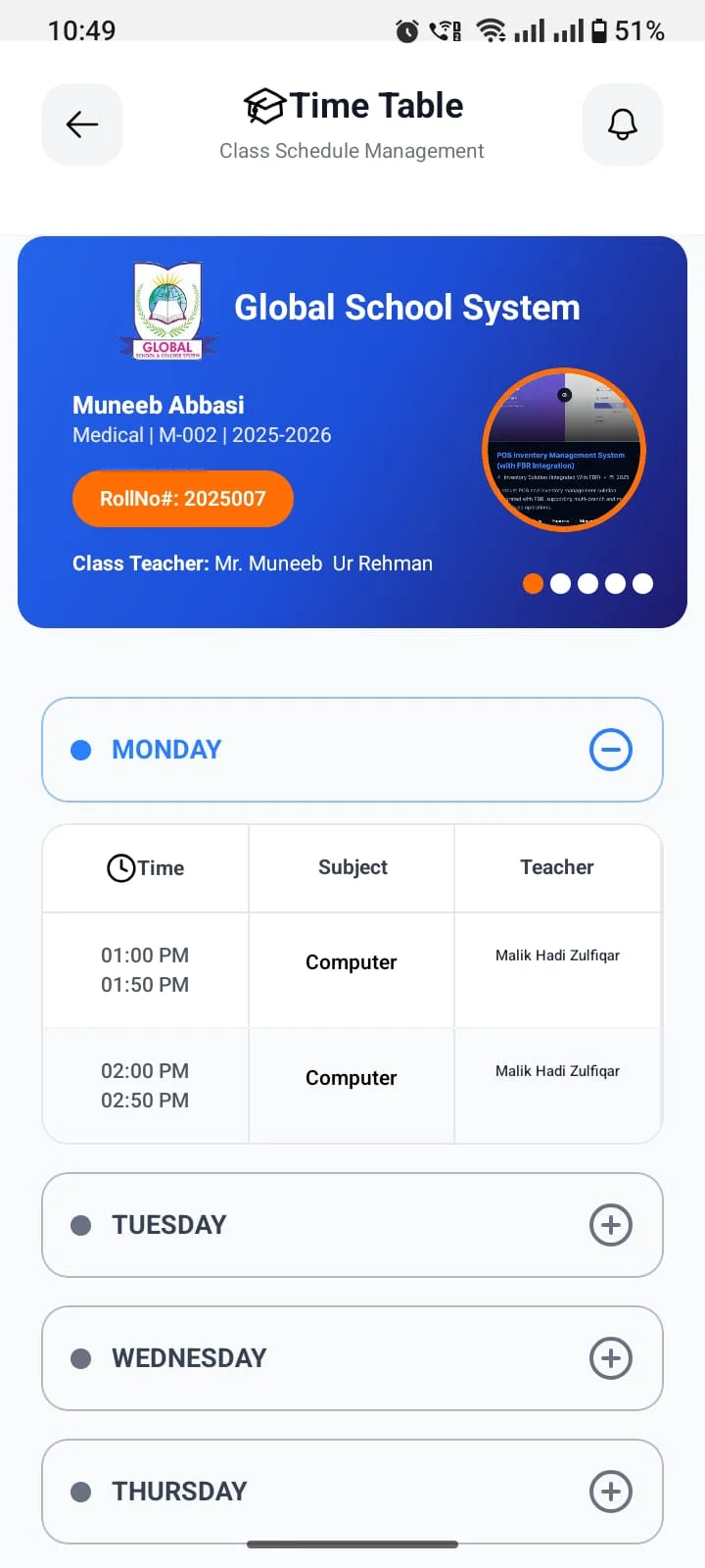 Weekly class timetable management