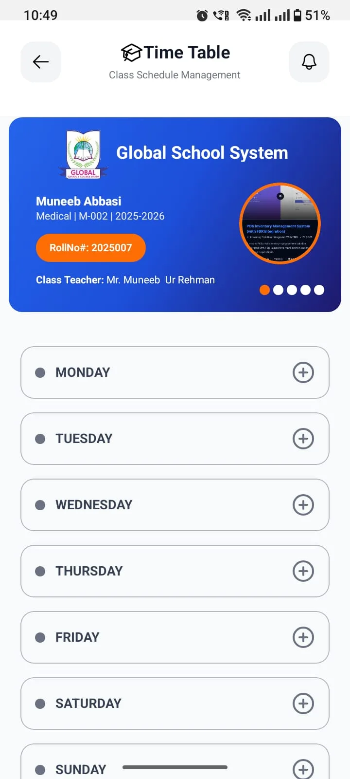 Full-week schedule view, day-by-day