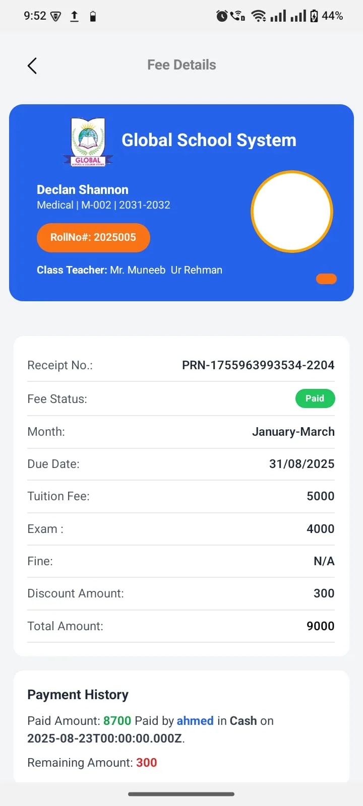 Fee details with receipt number and payment history