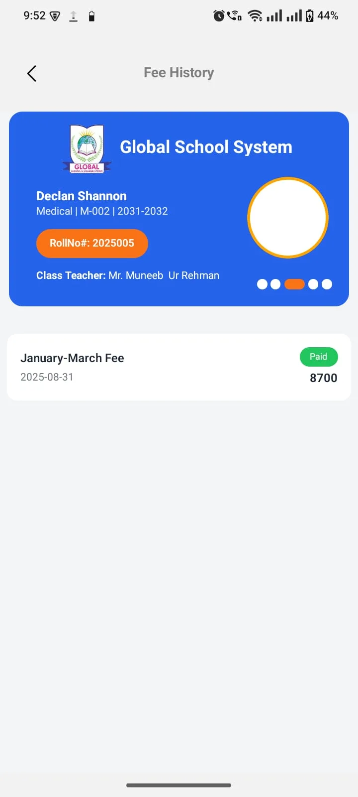 Attendance calendar with monthly present/absent tally