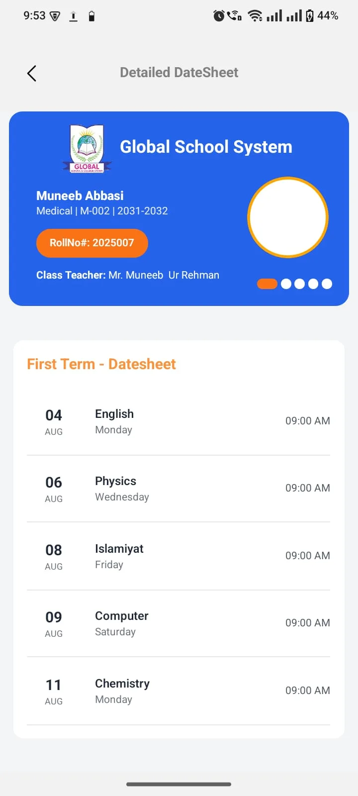 Term result summary with percentage and grade