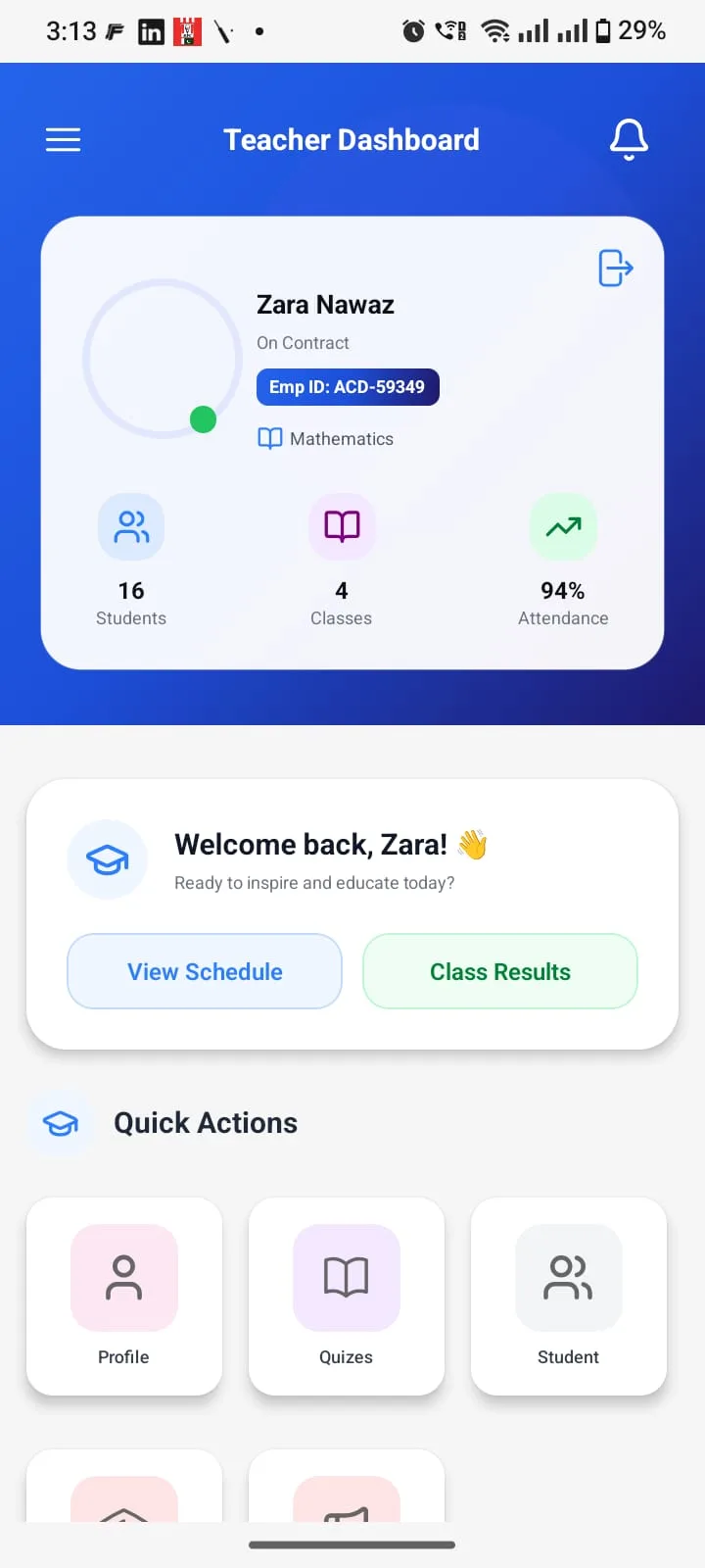 React Native school app teacher dashboard with schedule, results and quick actions