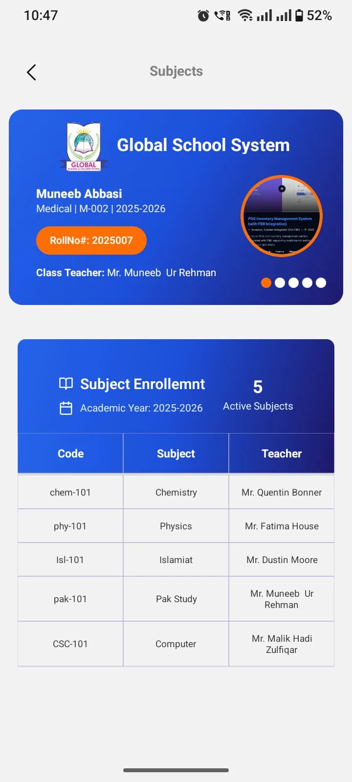 Teacher view of a subject roster in a school management app