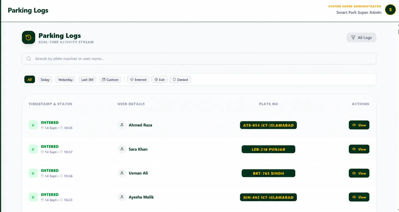 License plate recognition parking logs with entry status, plate number and filters