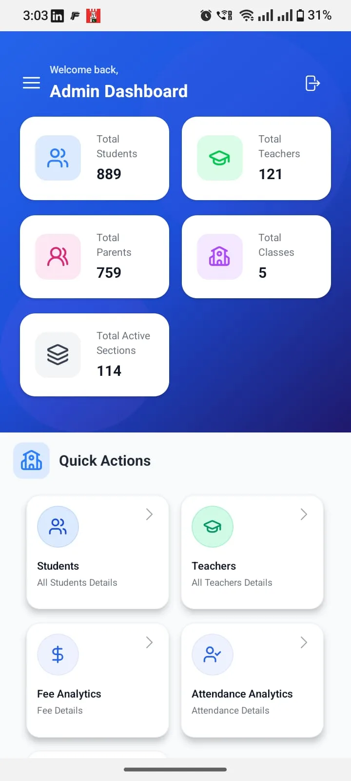 React Native school management app admin dashboard showing students, teachers, parents and classes