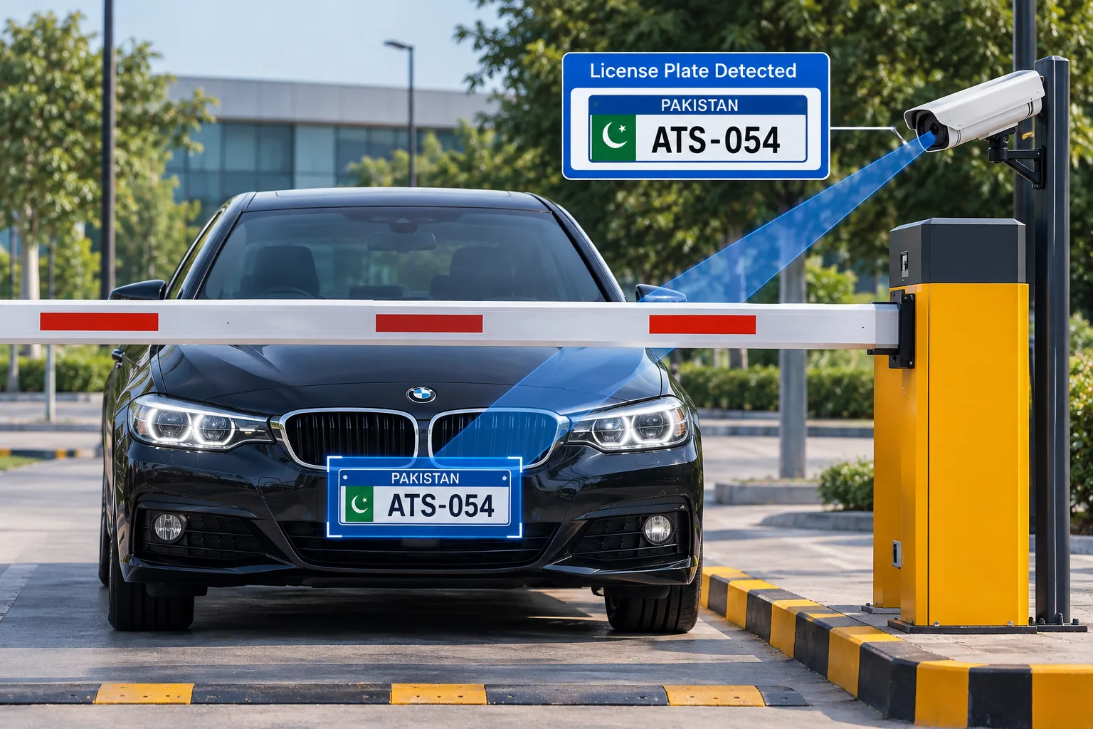 SmartPark ANPR system detecting a Pakistani license plate at a parking barrier